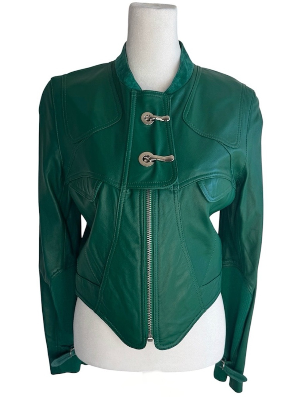 GAR-DE Green Leather Jacket Medium Cropped Moto Belted Statement NWT Size M